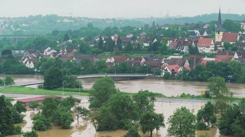 Direct comparison of flooded river in Germany - cut in the middle Stock Footage 285443532