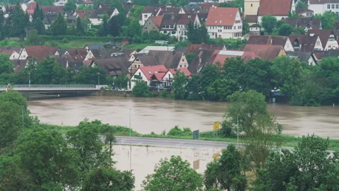 Direct comparison of flooded river in Germany - cut in the middle Stock Footage 285444609