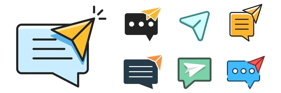 Direct message icon set collection in flat style. Paper airplane notificati.. Stock Illustration