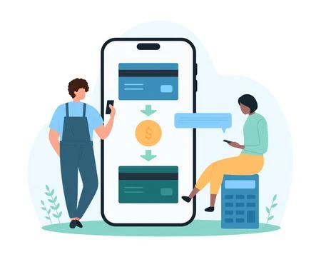 Direct payment between two credit cards in mobile app, bank transaction of tiny 스톡 일러스트