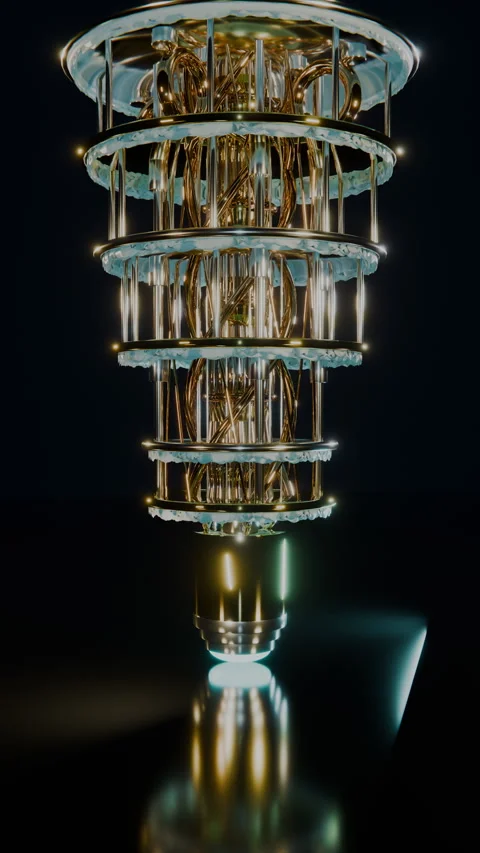 Direct Push Toward Golden Quantum Tower, Vertical 9:16 4K Stock Footage 345542339
