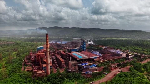 Direct reduced iron sponge iron plant in dense forest and hills Vídeo Stock 340975078