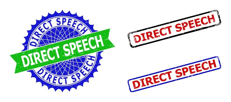 DIRECT SPEECH Rosette and Rectangle Bicolor Badges with Grunged Textures Stock Illustration