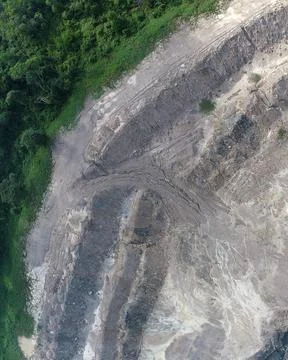 Direct top-down aerial view of a quarry edge meeting a dense green forest b.. Stock Photos