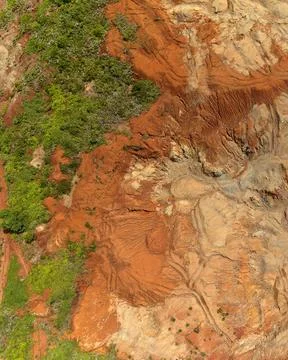 Direct top-down aerial view of a barren soil terrain edge showing the clear.. Stock Photos