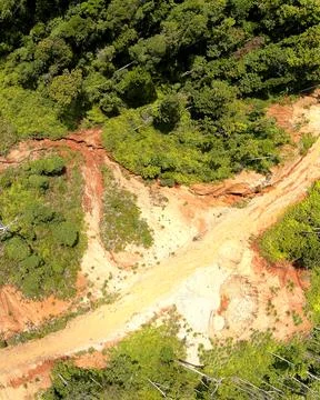 Direct top-down aerial view of an unpaved road intersection cutting through.. Stock Photos