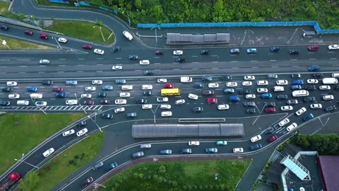 Direct view from above to the road traffic. Traffic jam at a highway junction Stock Footage 154994460