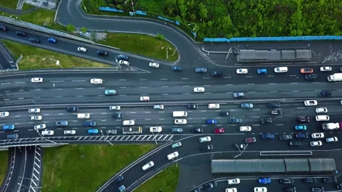 Direct view from above to the road traffic. Traffic jam at a highway junction Stock Footage 155183357