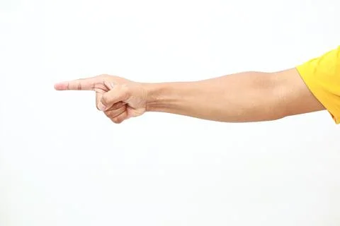 Directing arm indicating a direction or specific point against plain white .. Stock Photos