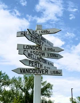Direction and distance indicator to cities around the world Foto stock