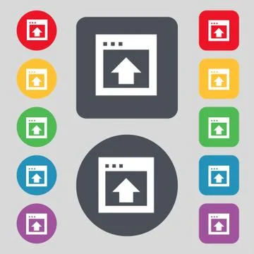 Direction arrow up icon sign. A set of 12 colored buttons. Flat design. Stock Illustration