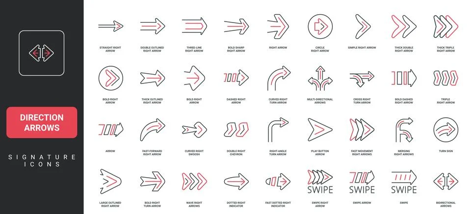 Direction arrows, cursor, direction pointer to right, straight and curved line Stock Illustration