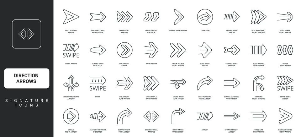 Direction arrows, cursor, direction pointer to right, straight and curved line Stock Illustration