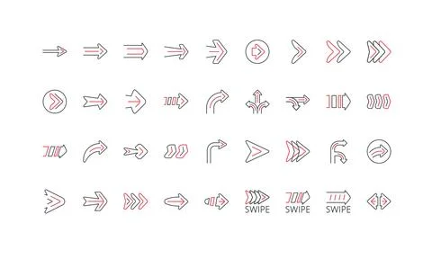 Direction arrows, navigation sign to right, turn and down, forward line icon set Stock Illustration