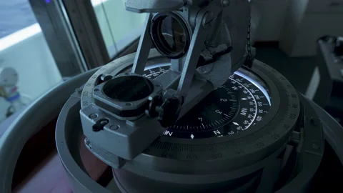 Direction finder at vessel's bridge. Navigation device. Compass needle rotates Stock Footage 234179335