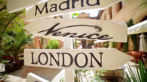 Direction indicators cities as part of the decor at the banquet Stock Footage 26724729