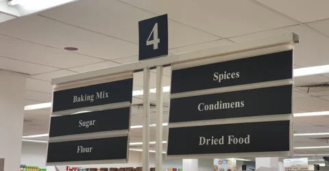 The direction of a items location at local shopping mart Stock Footage 253755720