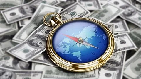 Direction of the money concept with compass on dollar pile. 3D illustration Stock-Illustration