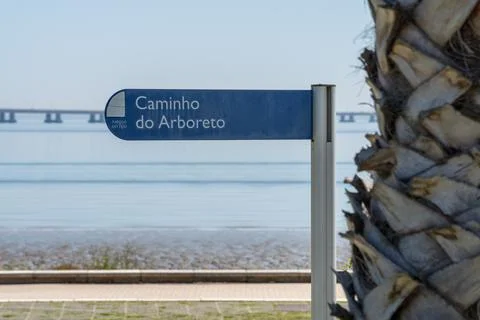 Direction sign Caminho do Arboreto in Parque das Nacoes garden, Lisbon Stock Photos