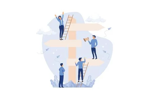 Direction sign in different, destination, choice of directions, travel to d.. Illustrazione stock