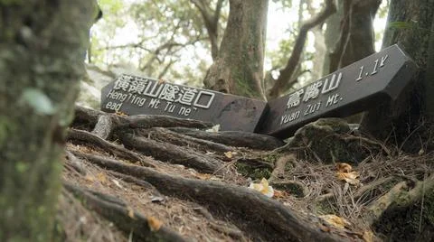The direction sign in mountain path Foto stock