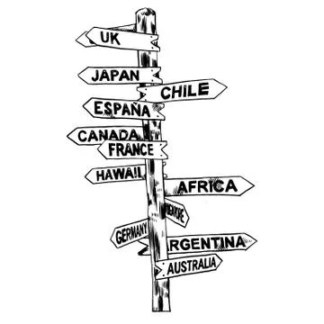 Direction signs different countries. Isolated illustration. Vector Illustrazione stock