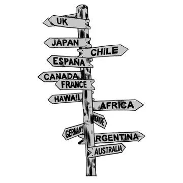 Direction signs different countries. Isolated illustration. Vector Stock Illustration