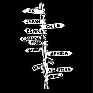 Direction signs different countries. Isolated illustration. Vector Stock Illustration