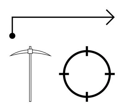 Directional arrow pointing right, classic pickaxe, and crosshair target. Idea Illustrazione stock