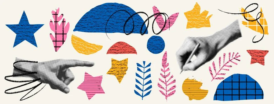 Directional Hand Collage Elements Set Background. Writing kit with organic Stock Illustration
