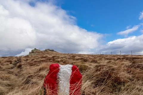 Directional path mark with Austrian flag painted on a rock on remote alpine.. Stock Photos