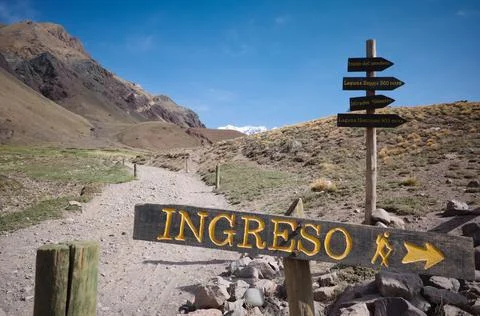 Directional sign to the entrance on hiking trail in Aconcagua National Park Stock Photos