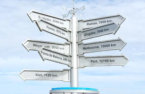 Directional signpost with multiple arrows indicating distances to various cities Stock Photos