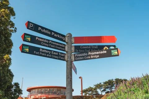 Directional signpost with multiple arrows pointing to various landmarks nea.. Stock Photos