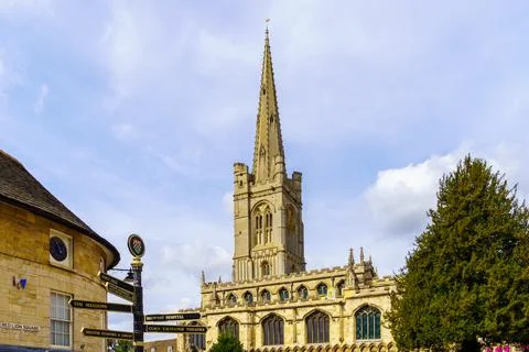 Directional signs, and the All-Saints Church, in Stamford Stock Photos