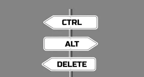 Directional signs showing computer command, ctrl alt delete. Illustrazione stock