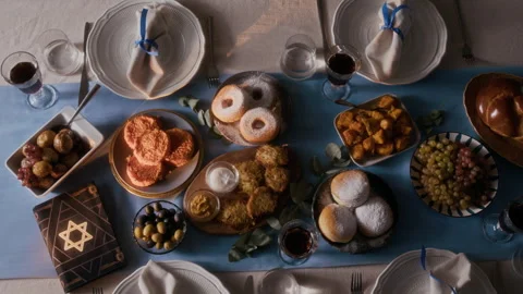 Directly Above of Hanukkah Holiday Table Set with Traditional Jewish meal Video stock 292007228