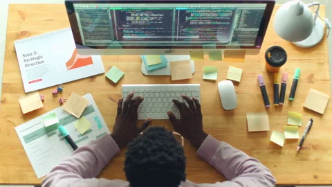 Directly Above of Man Typing Programming Code on Computer at Office Desk Stock Footage 277860554
