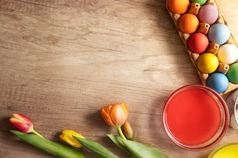 Directly above shot of Easter eggs in basket Stock Photos