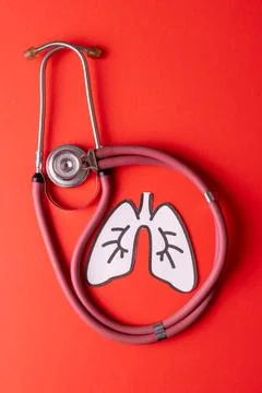 Directly above shot of white paper lungs with pink stethoscope over red Stock Photos