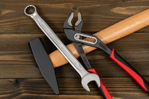 Directly above shot of work tools on table. Stock Photos