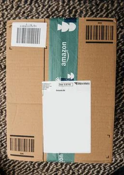 Directly above view of package Amazon Prime cardboard parcel with logotype of Foto stock