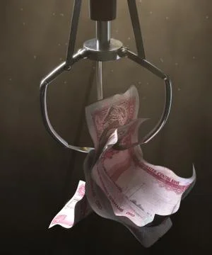 Dirham Notes In A Robotic Claw Foto stock