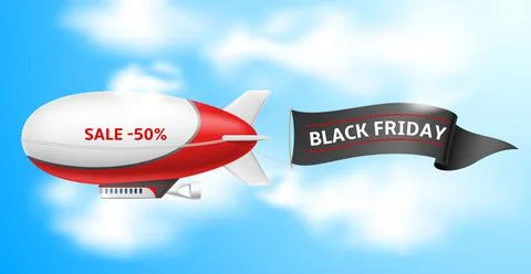 Dirigible with banner. Realistic zeppelin flying in blue sky, fluttering textile Stock Illustration