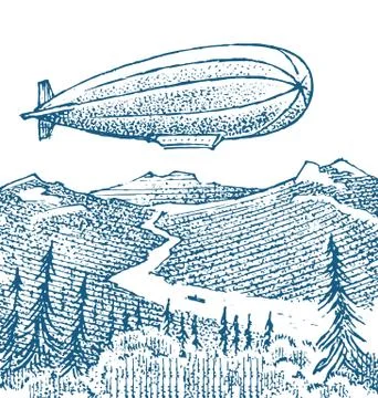 Dirigible or Zeppelin on the background of the meadow in vintage style. Balloon Stock Illustration
