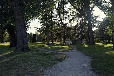 Dirt path splitting in two in a park in an italian town at sunset Stock Photos