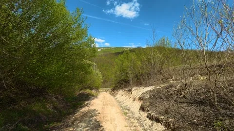 Dirt path winds through green bushes. Balkan, Eastern Europe, POV Vídeos de archivo 333589841