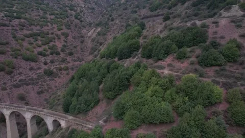 Dirt path winds through green hills with sparse trees and rocky terrain under Stock Footage 342704504