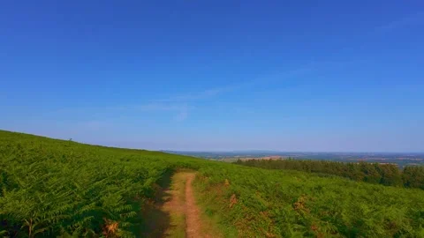Dirt pathway through green hill field under blue sky in Ireland Stock Footage 340436267
