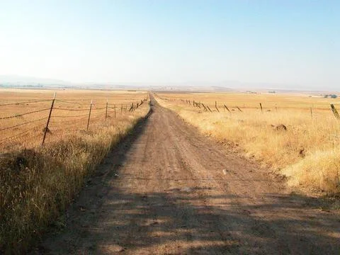 A dirt road between fields Stock Photos